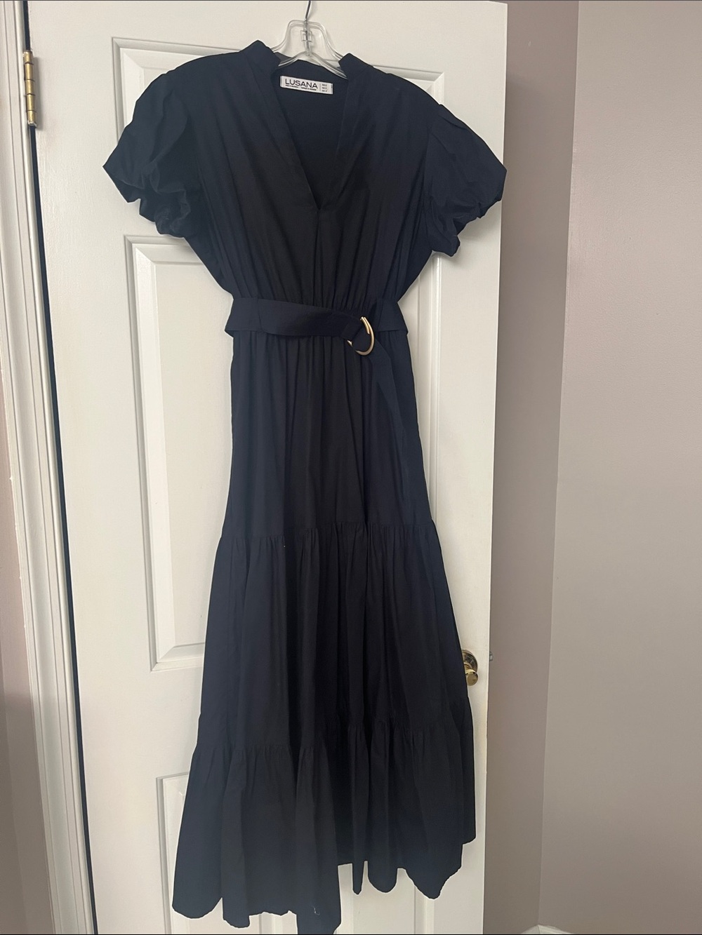 Lusana Navy V-Neck Midi Dress with Belt
